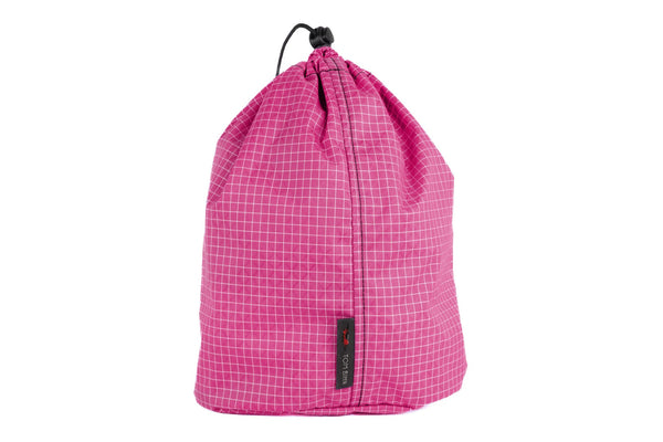 A Size 4 Cerise (bright pink with white grid) 200 Halcyon Travel Stuff Sack.